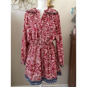 The Shirt Rochelle Behrens Zebra Print Dress Small Red White Boho Ruffle Collar